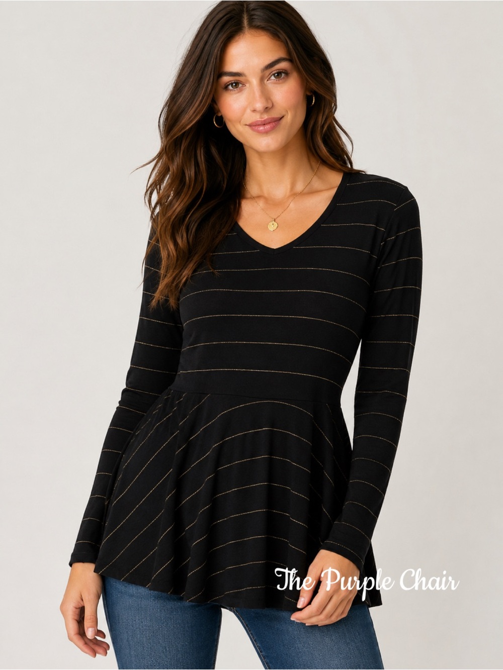 MATILDA JANE NWT Black/Gold Striped Long Sleeve Fit & Flare Peplum Top S